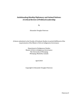 Anishinaabeg Kinship Diplomacy and Animal Nations: a Critical Review of Political Leadership