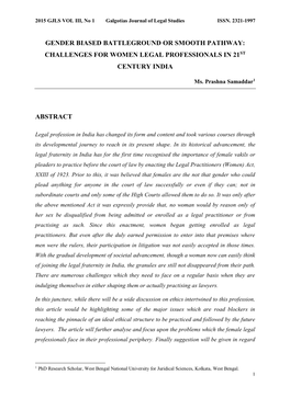 Gender Biased Battleground Or Smooth Pathway: Challenges for Women Legal Professionals in 21St Century India