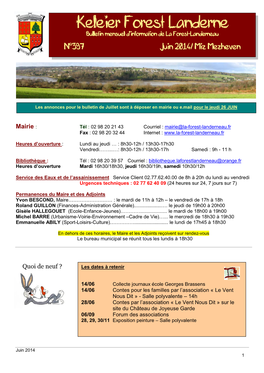 Keleier Forest Landerne Bulletin Mensuel D’Information De La Forest-Landerneau - 1 - N°397 Juin 2014/ Miz Mezheven