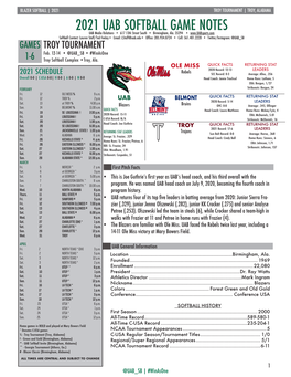 2021 UAB SOFTBALL GAME NOTES UAB Media Relations • 617 13Th Street South • Birmingham, Ala