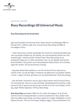 Roxy Recordings Till Universal Music