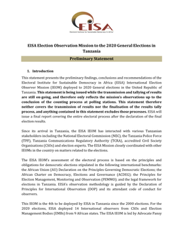 EISA Election Observation Mission to the 2020 General Elections in Tanzania Preliminary Statement