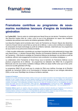 Framatome Contribue Au Programme De Sous- Marins Nucléaires Lanceurs D’Engins De Troisième Génération