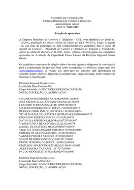 Ministério Das Comunicações Empresa Brasileira De Correios E Telégrafos Administração Central Edital N.º 1042/2012