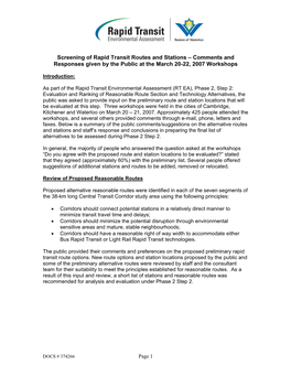 Screening of Rapid Transit Routes and Stations – Comments and Responses Given by the Public at the March 20-22, 2007 Workshops