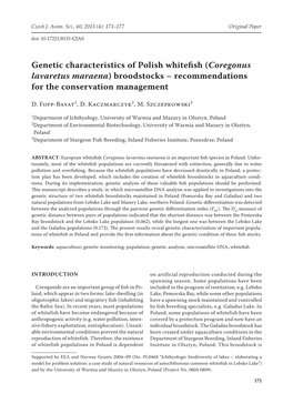 Genetic Characteristics of Polish Whitefish (Coregonus Lavaretus Maraena) Broodstocks – Recommendations for the Conservation Management