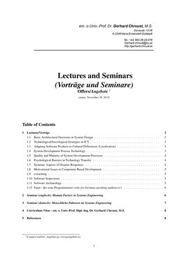 Lectures and Seminars (Vorträge Und Seminare) Offers/Angebote 1 (Status: November 28, 2015)