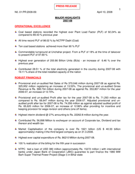 April 10, 2008 MAJOR HIGHLIGHTS 2007-08 OPERATIONAL EXCELLENCE Coal Based Stations Recorded the Highest