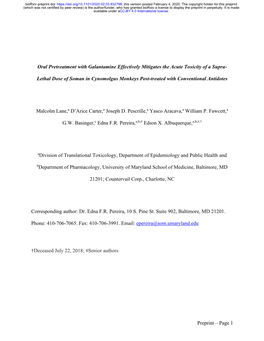 Oral Pretreatment with Galantamine Effectively Mitigates the Acute Toxicity of a Supra