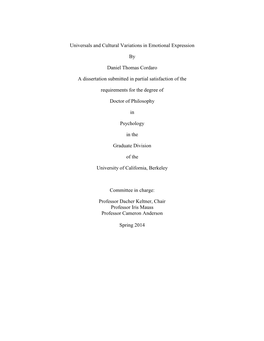 Universals and Cultural Variations in Emotional Expression by Daniel Thomas Cordaro a Dissertation Submitted in Partial Satisfac