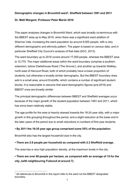 Demographic Changes in Broomhill Ward1, Sheffield Between 1991 and 2011