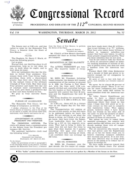 Congressional Record United States Th of America PROCEEDINGS and DEBATES of the 112 CONGRESS, SECOND SESSION