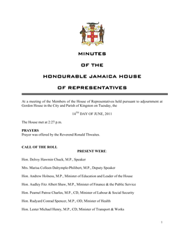 Minutes of the Honourable Jamaica House Of