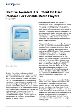 Creative Awarded U.S. Patent on User Interface for Portable Media Players 31 August 2005