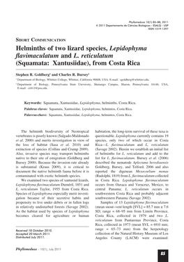 Helminths of Two Lizard Species, Lepidophyma Flavimaculatum and L