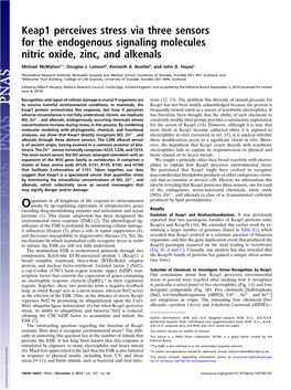 Keap1 Perceives Stress Via Three Sensors for the Endogenous Signaling Molecules Nitric Oxide, Zinc, and Alkenals