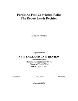 Parole As Post-Conviction Relief: the Robert Lewis Decision