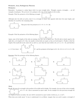 Perimeter, Area, Pythagorean Theorem Perimeter: Remember: a Polygon Is a Plane ﬁgure with 3 Or More Straight Sides