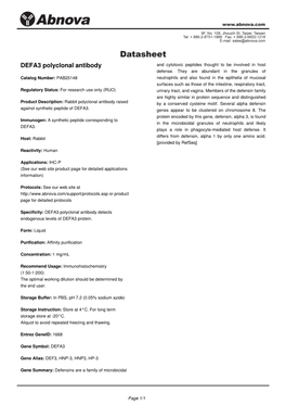 DEFA3 Polyclonal Antibody and Cytotoxic Peptides Thought to Be Involved in Host Defense