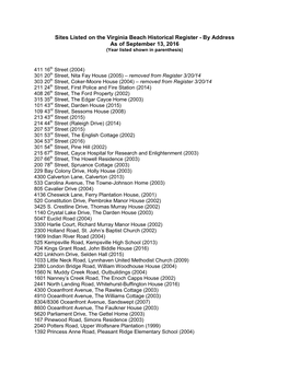 Sites Listed on the Virginia Beach Historical Register - by Address As of September 13, 2016 (Year Listed Shown in Parenthesis)