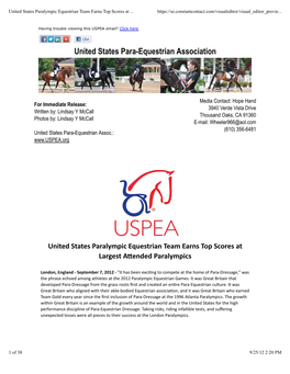 United States Paralympic Equestrian Team Earns Top Scores at Largest A�Ended Paralympics