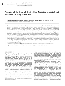 Analysis of the Role of the 5-HT1B Receptor in Spatial and Aversive Learning in the Rat