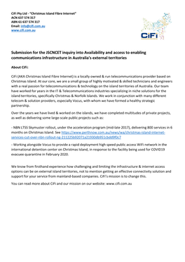 Submission for the JSCNCET Inquiry Into Availability and Access to Enabling Communications Infrastructure in Australia's External Territories