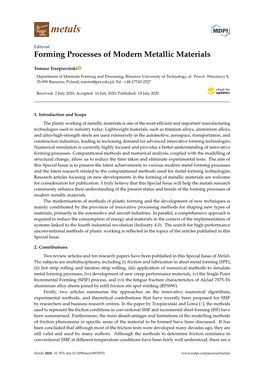 Forming Processes of Modern Metallic Materials