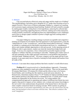 Paper-Fold Physics: Newton’S Three Laws of Motion Lisa (Yuk Kuen) Yau Revised Date: Monday, July 30, 2018