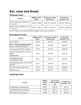 Ear Nose and Throat Price Sheet