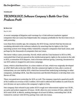 TECHNOLOGY; Software Company's Battle Over Unix Produces Profit