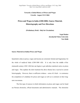 Prices and Wages in India (1200-1800): Source Material, Historiography and New Directions