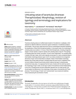 Urticating Setae of Tarantulas (Araneae: Theraphosidae): Morphology, Revision of Typology and Terminology and Implications for Taxonomy