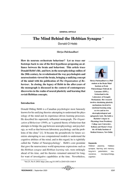 The Mind Behind the Hebbian Synapse ∗ Donald O Hebb