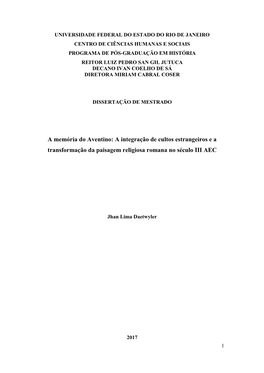 A Memória Do Aventino: a Integração De Cultos Estrangeiros E a Transformação Da Paisagem Religiosa Romana No Século III AEC