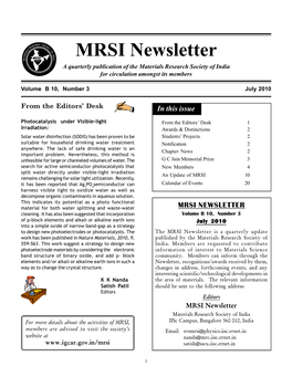 MRSI Newsletter a Quarterly Publication of the Materials Research Society of India for Circulation Amongst Its Members