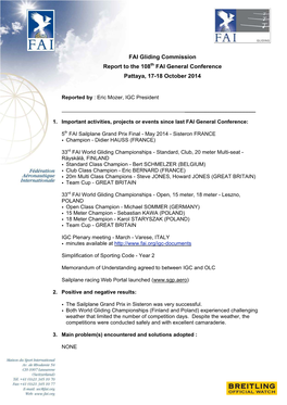 FAI Gliding Commission Report to the 108Th FAI General Conference Pattaya, 17-18 October 2014