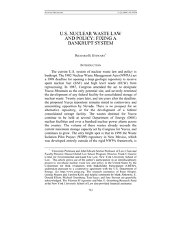 U.S. Nuclear Waste Law and Policy: Fixing a Bankrupt System