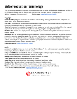 Video Production Terminology This Document Is Designed to Help You and Your Students Use the Same Terminology in Class As You Will Find on the ACA Exam