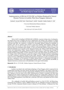 Implementation of SPA Art.22 UN CRC on Children Displaced by Natural Disaster Victims in Lombok, West Nusa Tenggara, Indonesia