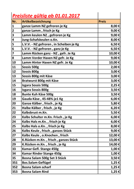 Preisliste Gültig Ab 01.01.2017 Nr