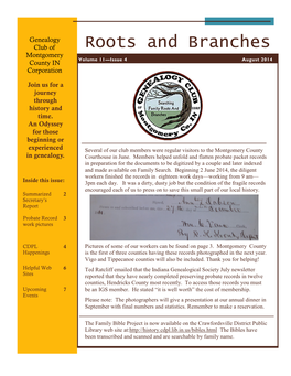 Roots and Branches Montgomery County in Volume 11—Issue 4 August 2014 Corporation