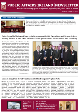 PUBLIC AFFAIRS IRELAND NEWSLETTER Your Essential Weekly Guide to Legislative, Regulatory and Public Affairs in Ireland Issue 249 October 19 2012