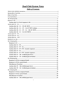 Toad Club System Notes Table of Contents TOAD CLUB SYSTEM Introduction