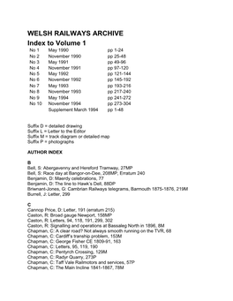 WELSH RAILWAYS ARCHIVE Index to Volume 1