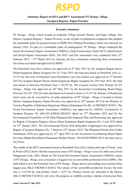 Summary Report of SEIA and HCV Assessments PTSRR