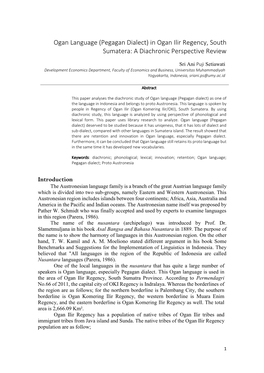 Ogan Language (Pegagan Dialect) in Ogan Ilir Regency, South Sumatera: a Diachronic Perspective Review