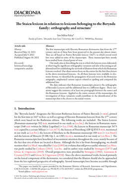 The Staicu Lexicon in Relation to Lexicons Belonging to the Berynda Family: Orthography and Structure†