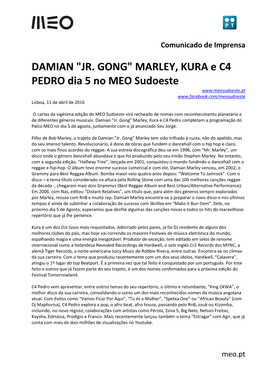 DAMIAN "JR. GONG" MARLEY, KURA E C4 PEDRO Dia 5 No MEO Sudoeste Lisboa, 11 De Abril De 2016