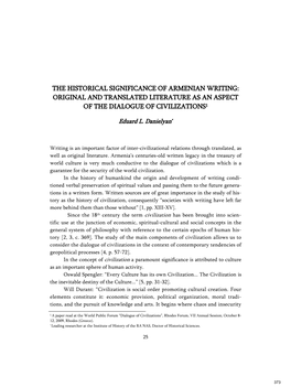 The Historical Significance of Armenian Writing: Original and Translated Literature As an Aspect of the Dialogue of Civilizations1